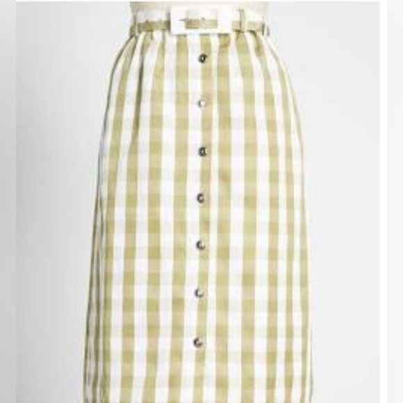 Modcloth New Retro green Gingham Checked Midi skirt belted Size 12 Acadamia - Picture 3 of 11